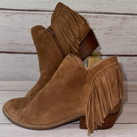 Lucky Brand Freedah Fringe Suede Booties Tan Size 7M Western Boho Almond Toe - Picture 2 of 11